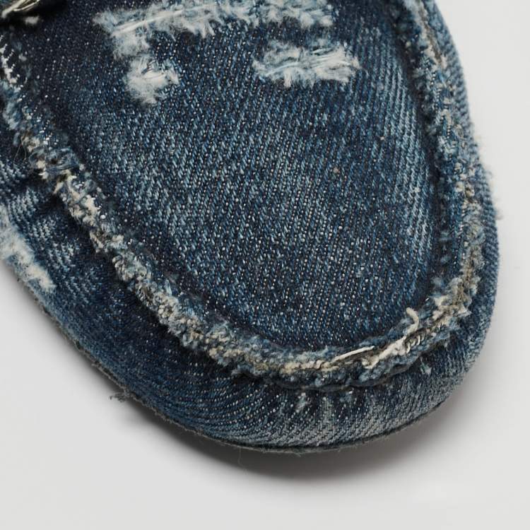 Pre Owned Tod's Navy Blue Denim Double T Slip On Loafers Size 36