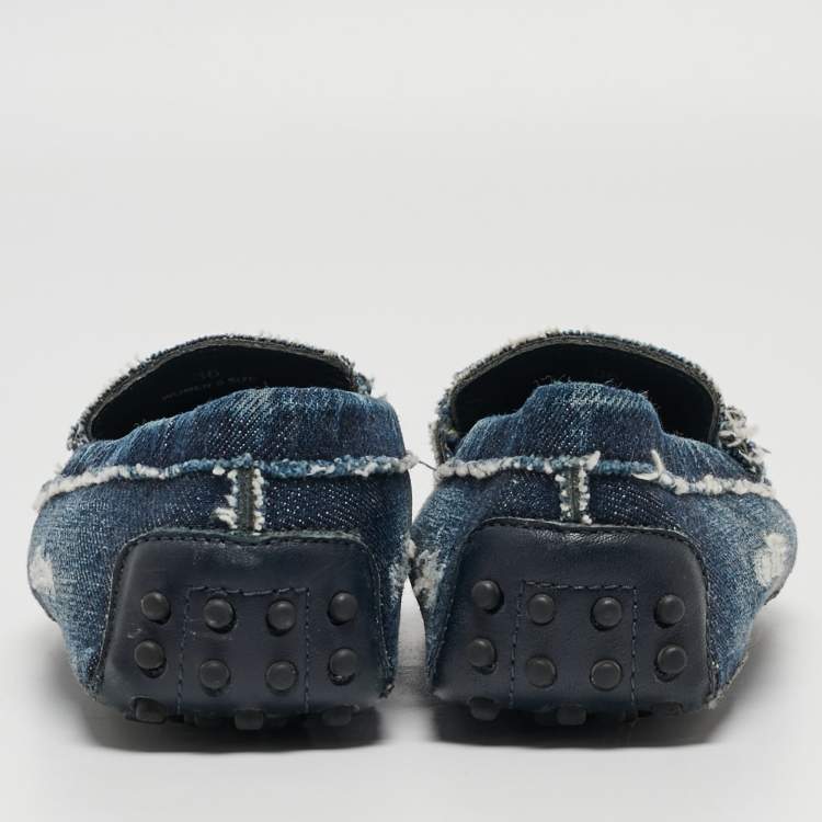 Pre Owned Tod's Navy Blue Denim Double T Slip On Loafers Size 36