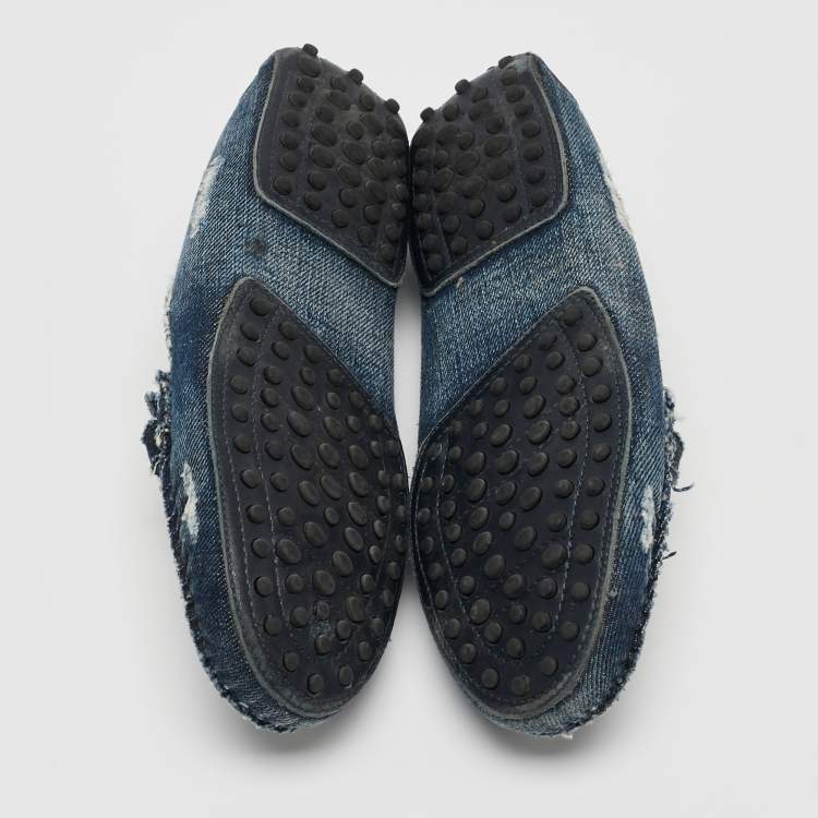 Pre Owned Tod's Navy Blue Denim Double T Slip On Loafers Size 36