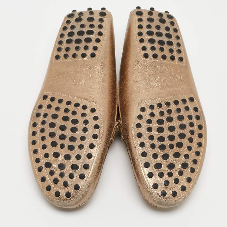 Pre Owned Tod's Gold Leather Crystal Embellished Double T Slip On Loafers Size 36