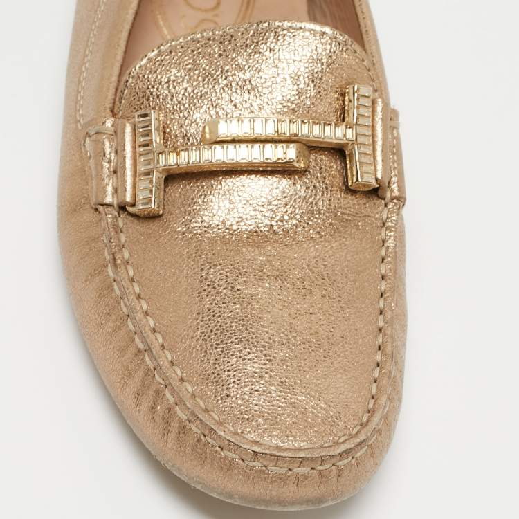 Pre Owned Tod's Gold Leather Crystal Embellished Double T Slip On Loafers Size 36