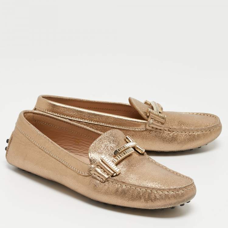 Pre Owned Tod's Gold Leather Crystal Embellished Double T Slip On Loafers Size 36