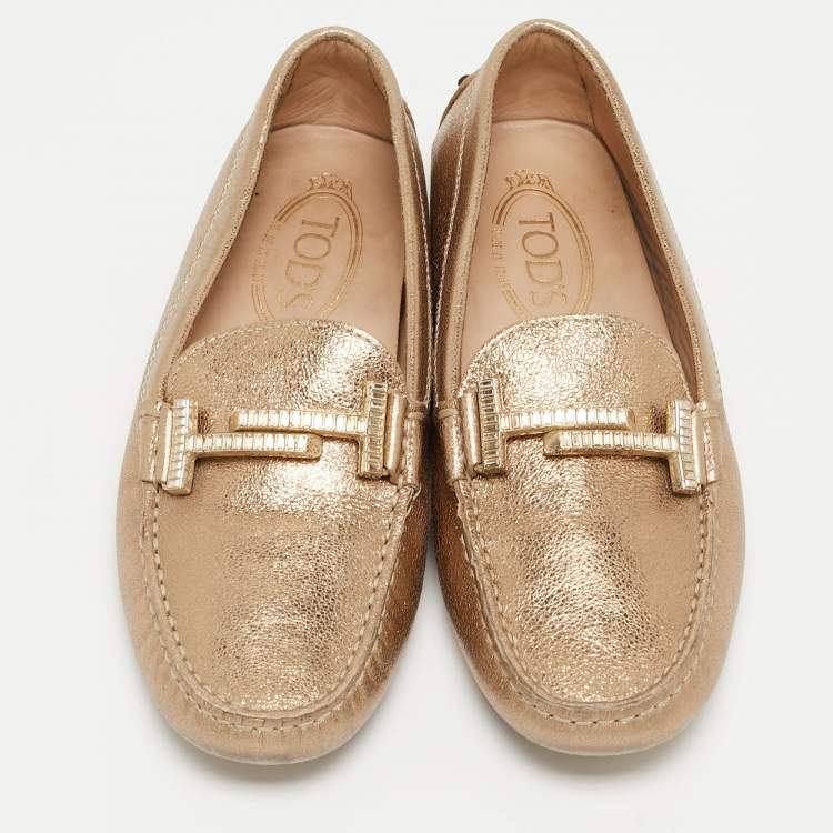Pre Owned Tod's Gold Leather Crystal Embellished Double T Slip On Loafers Size 36