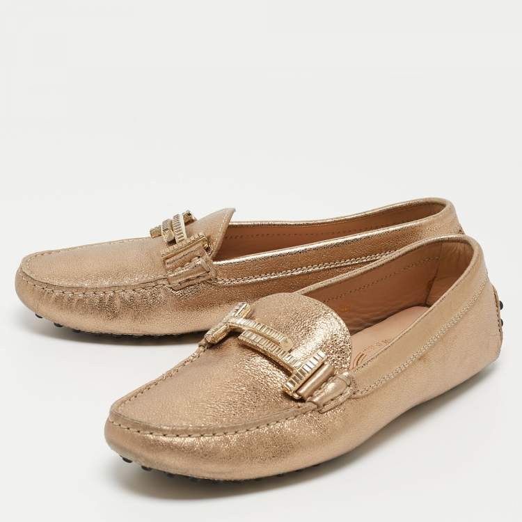 Pre Owned Tod's Gold Leather Crystal Embellished Double T Slip On Loafers Size 36