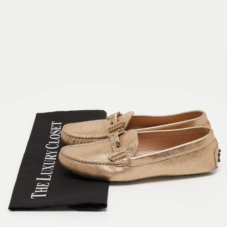 Pre Owned Tod's Gold Leather Crystal Embellished Double T Slip On Loafers Size 36