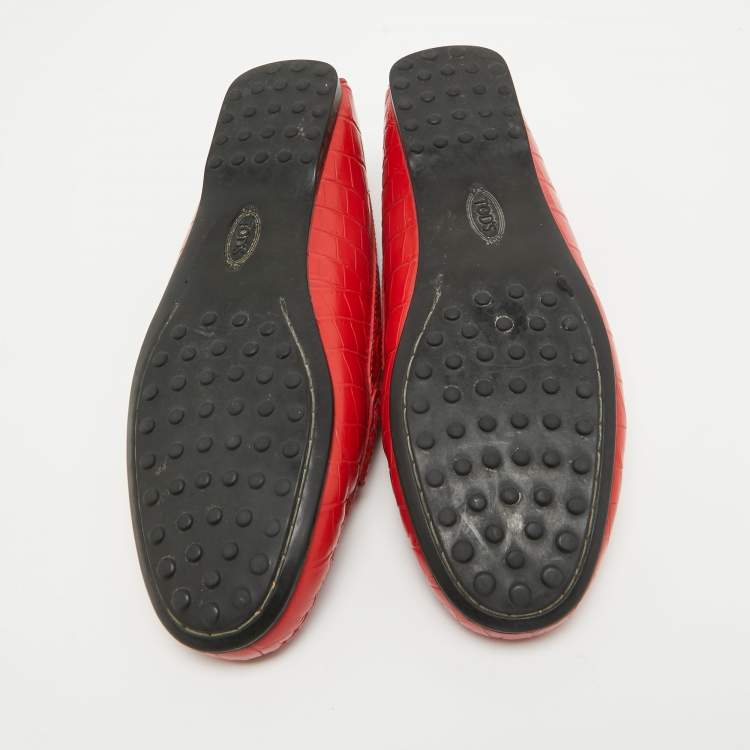 Pre Owned Tod's Red Croc Embossed Leather Penny Slip On Loafers Size 36