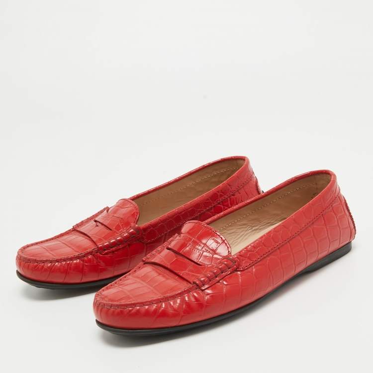 Pre Owned Tod's Red Croc Embossed Leather Penny Slip On Loafers Size 36
