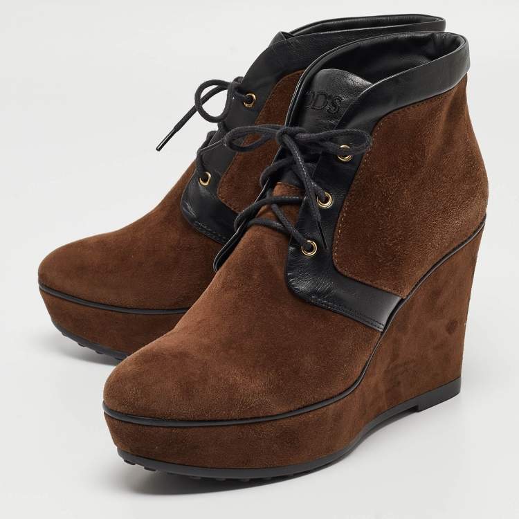 Pre Owned Tod's Brown/Black Suede and Leather Wedge Oxford Boots Size 37.5 