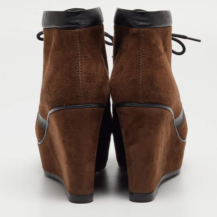 Pre Owned Tod's Brown/Black Suede and Leather Wedge Oxford Boots Size 37.5 