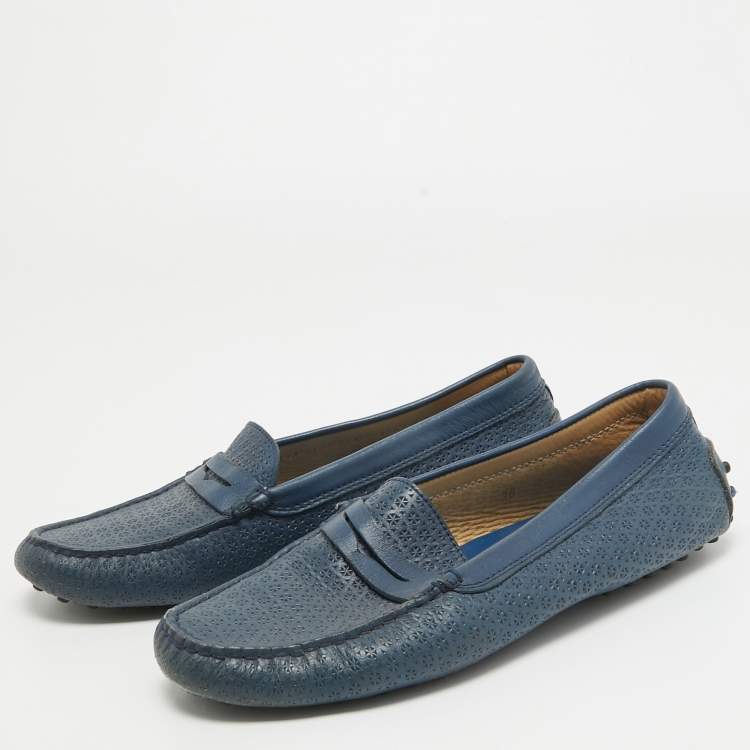 Pre Owned Tod's Navy Blue Leather Laser Cut Penny Loafers Size 38