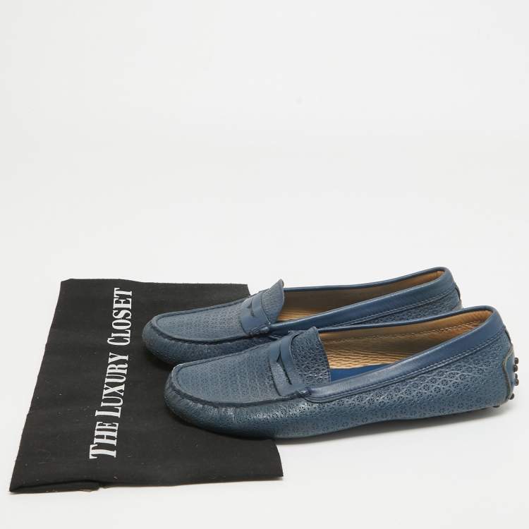 Pre Owned Tod's Navy Blue Leather Laser Cut Penny Loafers Size 38