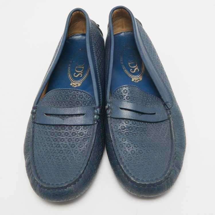 Pre Owned Tod's Navy Blue Leather Laser Cut Penny Loafers Size 38