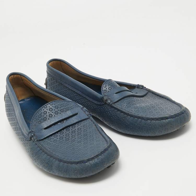 Pre Owned Tod's Navy Blue Leather Laser Cut Penny Loafers Size 38