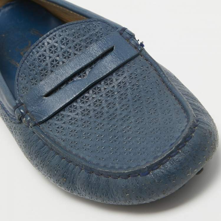 Pre Owned Tod's Navy Blue Leather Laser Cut Penny Loafers Size 38