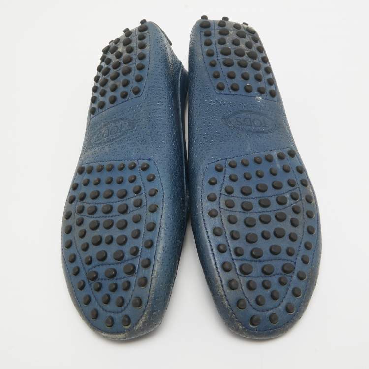 Pre Owned Tod's Navy Blue Leather Laser Cut Penny Loafers Size 38
