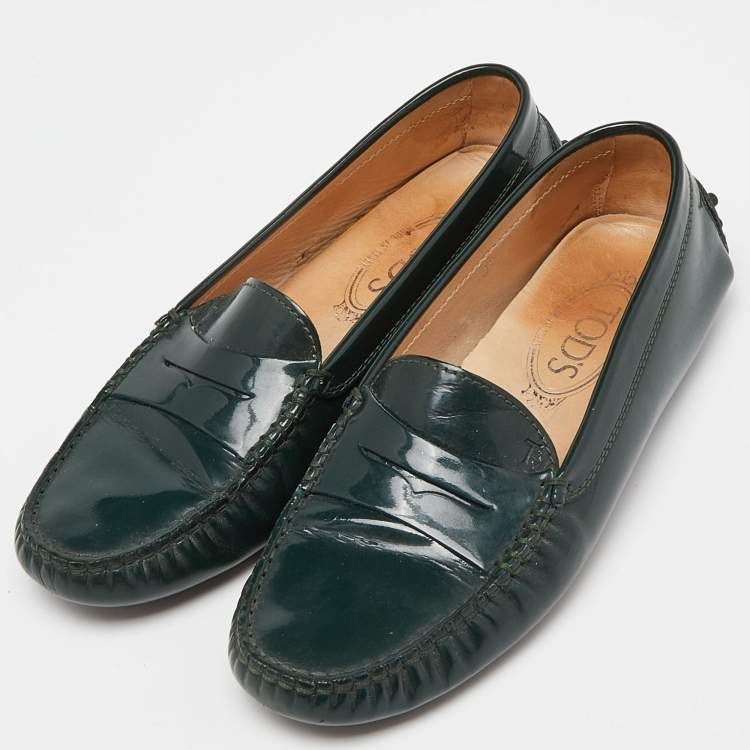 Pre Owned Tod's Green Patent Leather Penny Slip On Loafers Size 37