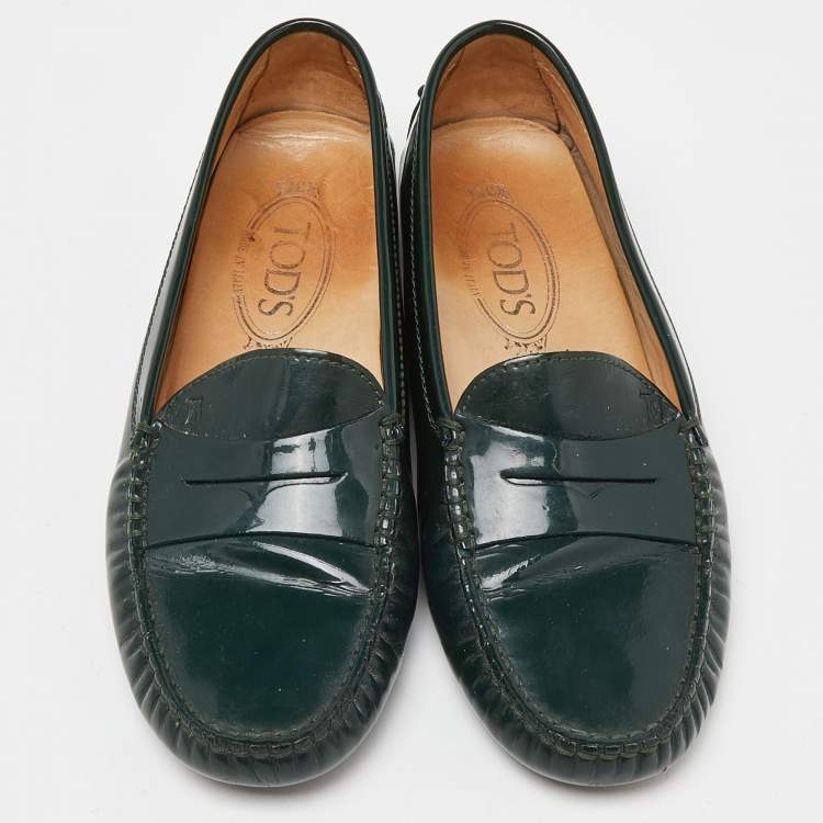 Pre Owned Tod's Green Patent Leather Penny Slip On Loafers Size 37