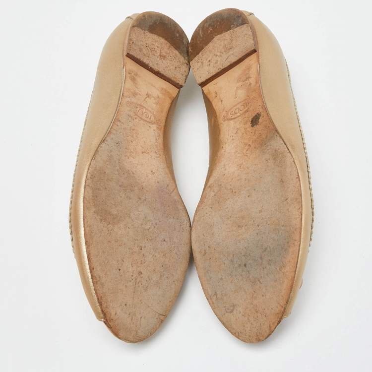 Pre Owned Tod's Beige Leather Bow Peep Toe Ballet Flats Size 37.5