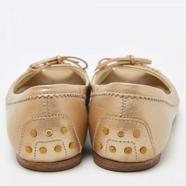 Pre Owned Tod's Beige Leather Bow Peep Toe Ballet Flats Size 37.5