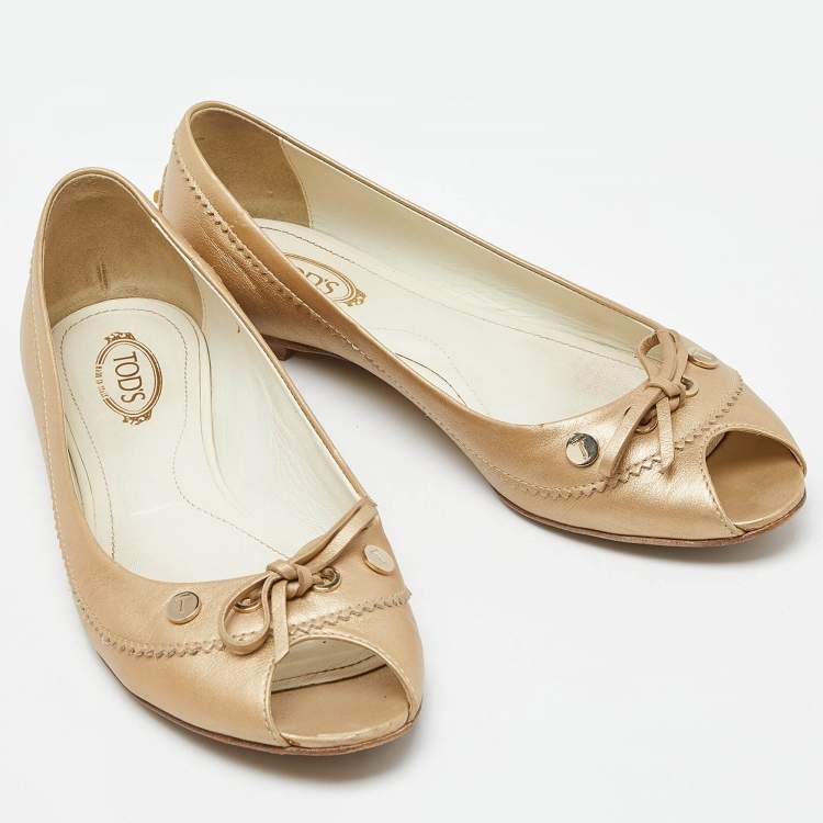 Pre Owned Tod's Beige Leather Bow Peep Toe Ballet Flats Size 37.5