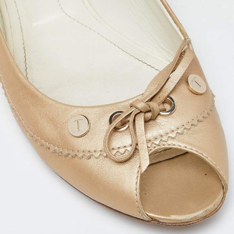 Pre Owned Tod's Beige Leather Bow Peep Toe Ballet Flats Size 37.5