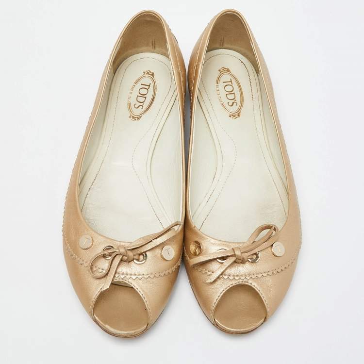 Pre Owned Tod's Beige Leather Bow Peep Toe Ballet Flats Size 37.5