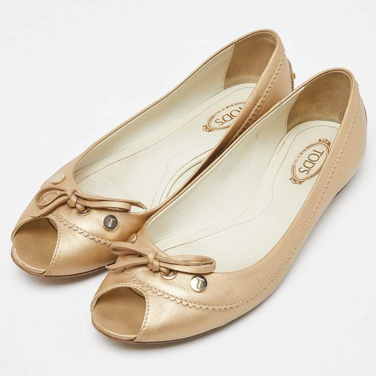 Pre Owned Tod's Beige Leather Bow Peep Toe Ballet Flats Size 37.5