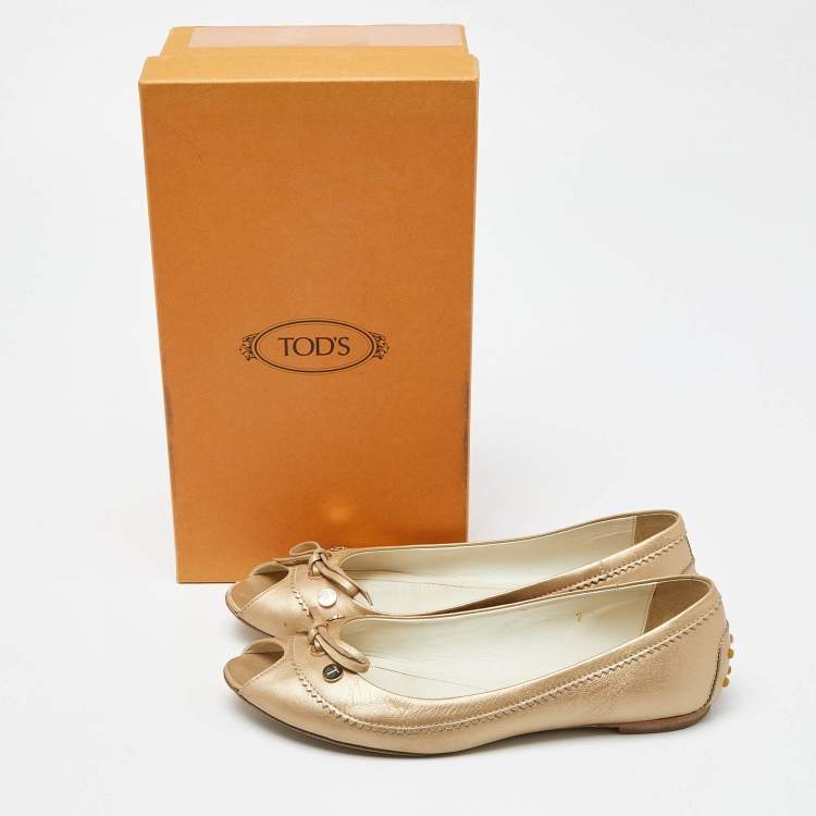 Pre Owned Tod's Beige Leather Bow Peep Toe Ballet Flats Size 37.5