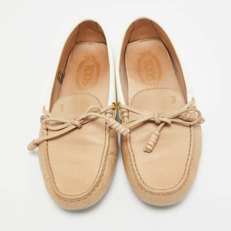 Pre Owned Tod's Brown/White Patent and Nubuck Slip On Loafers Size 37.5