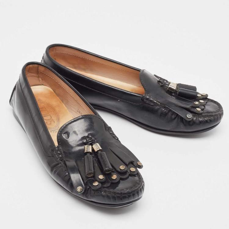 Pre Owned Tod's Black Patent Leather Tessal Fringe Detail Slip On Loafers Size 38.5