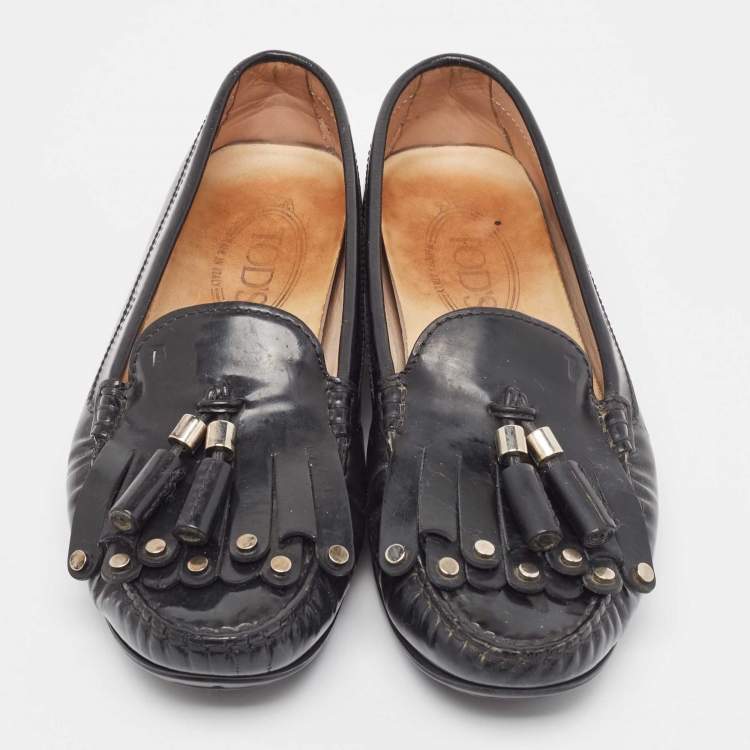 Pre Owned Tod's Black Patent Leather Tessal Fringe Detail Slip On Loafers Size 38.5