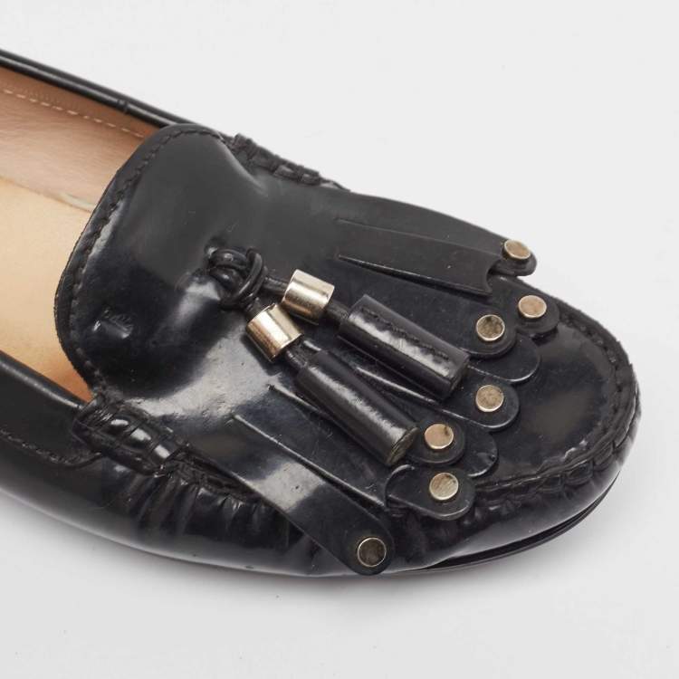 Pre Owned Tod's Black Patent Leather Tessal Fringe Detail Slip On Loafers Size 38.5