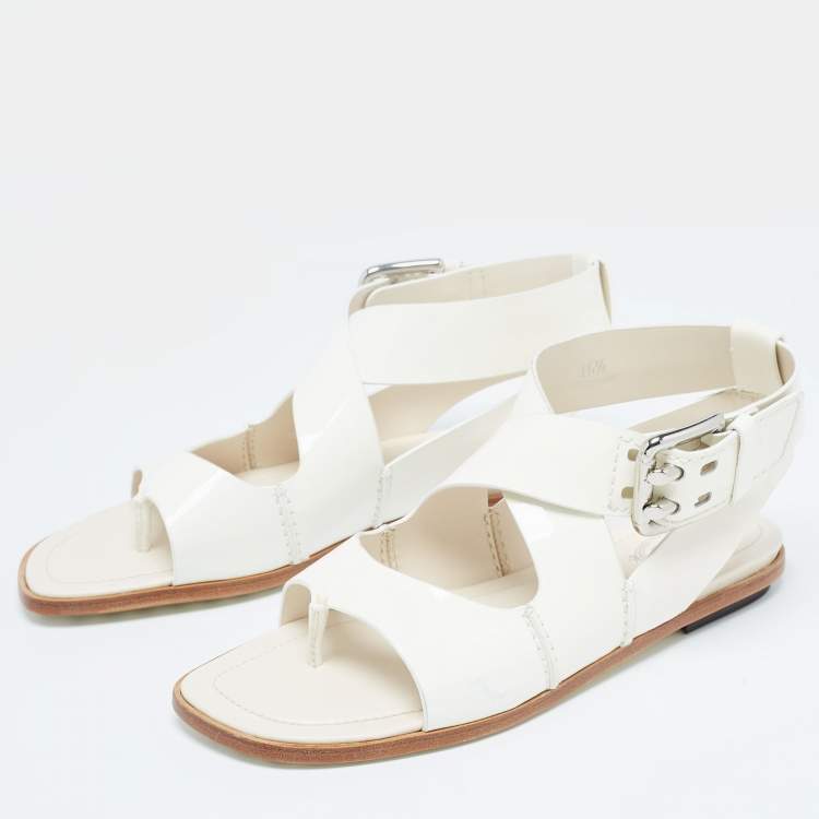Pre Owned Tod's Cream Patent Leather Cross Strap Flat Sandals Size 36.5