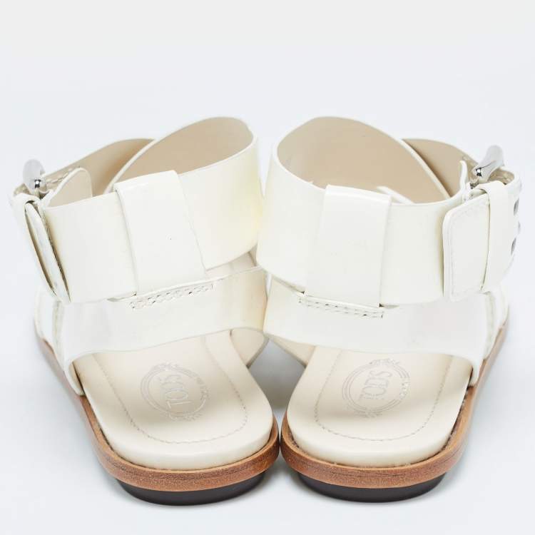 Pre Owned Tod's Cream Patent Leather Cross Strap Flat Sandals Size 36.5