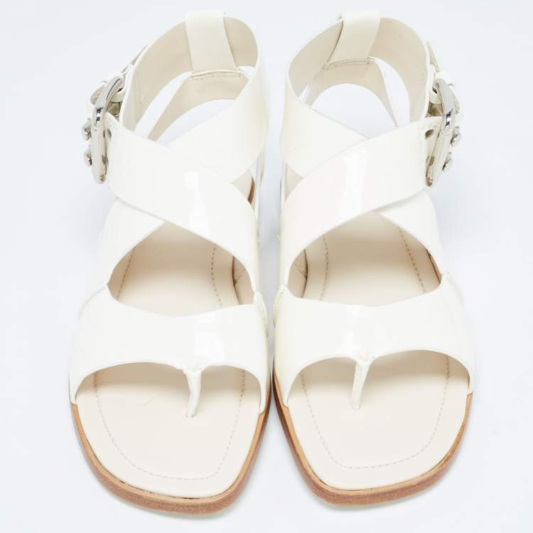 Pre Owned Tod's Cream Patent Leather Cross Strap Flat Sandals Size 36.5
