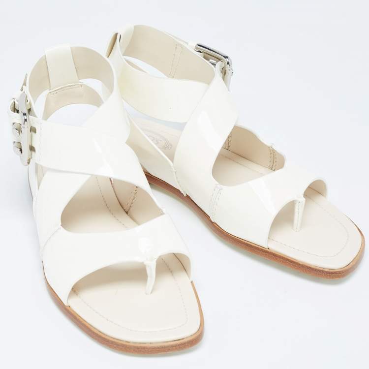 Pre Owned Tod's Cream Patent Leather Cross Strap Flat Sandals Size 36.5