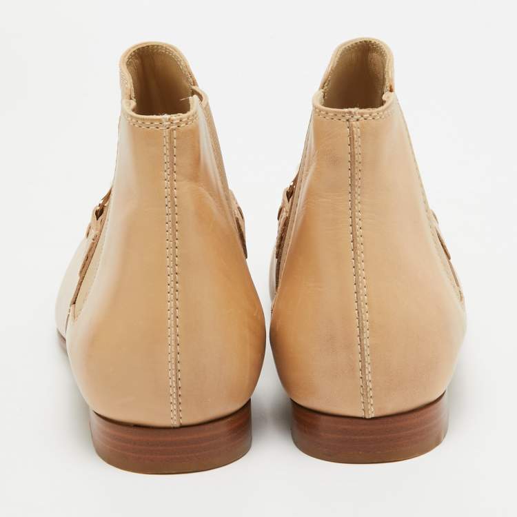 Pre Owned Tod's Beige Leather Chain Detail Ankle Boots Size 35.5
