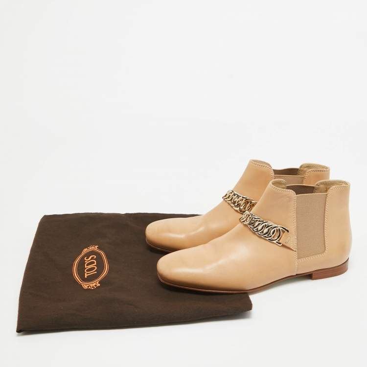 Pre Owned Tod's Beige Leather Chain Detail Ankle Boots Size 35.5