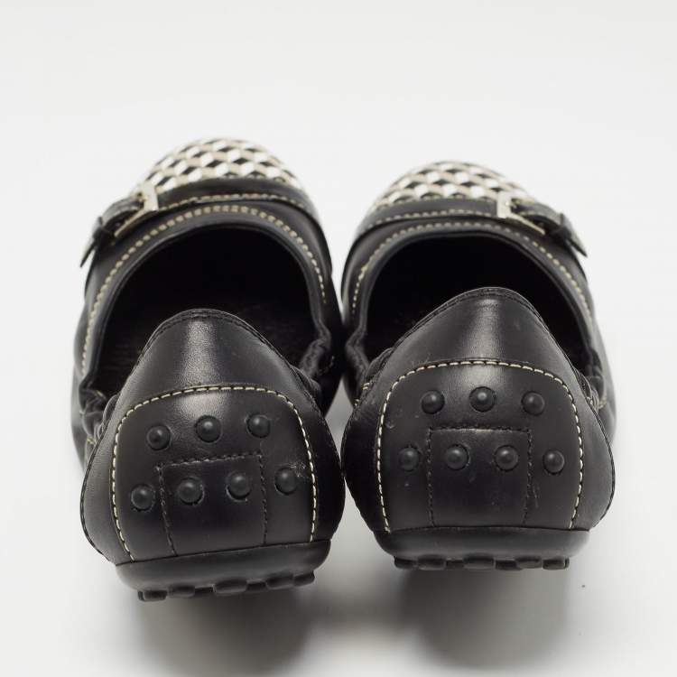Pre Owned Tod's Black/White Leather Bow Detail Scrunch Ballet Flats  Size 37.5