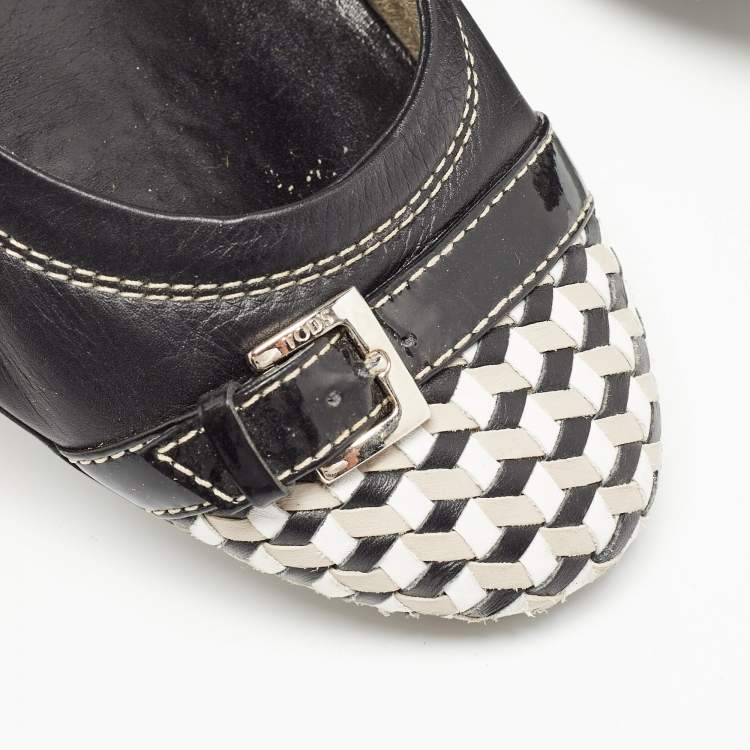 Pre Owned Tod's Black/White Leather Bow Detail Scrunch Ballet Flats  Size 37.5