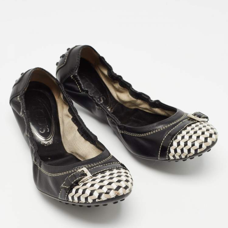 Pre Owned Tod's Black/White Leather Bow Detail Scrunch Ballet Flats  Size 37.5