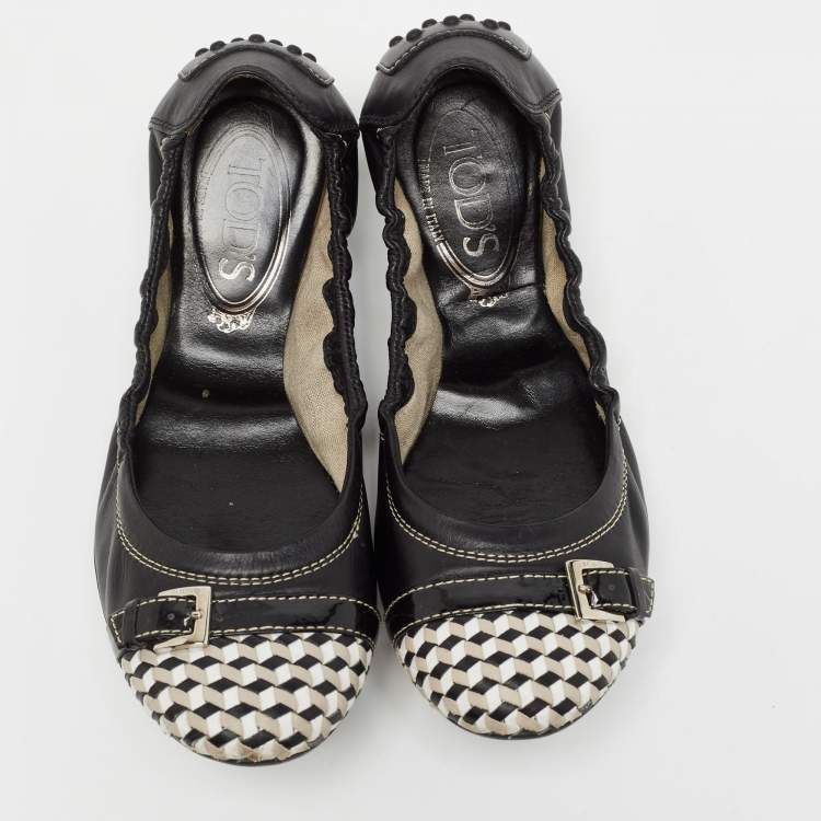 Pre Owned Tod's Black/White Leather Bow Detail Scrunch Ballet Flats  Size 37.5