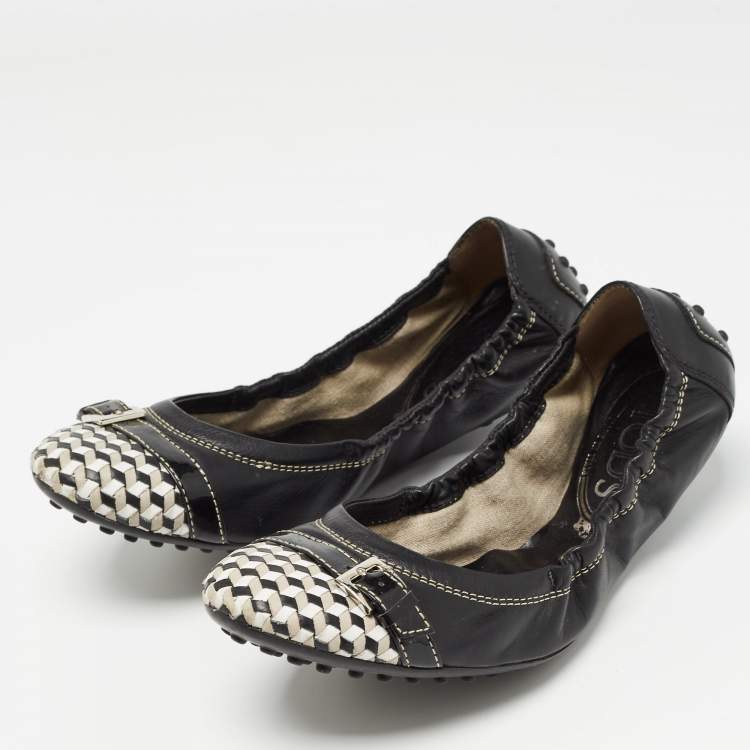 Pre Owned Tod's Black/White Leather Bow Detail Scrunch Ballet Flats  Size 37.5