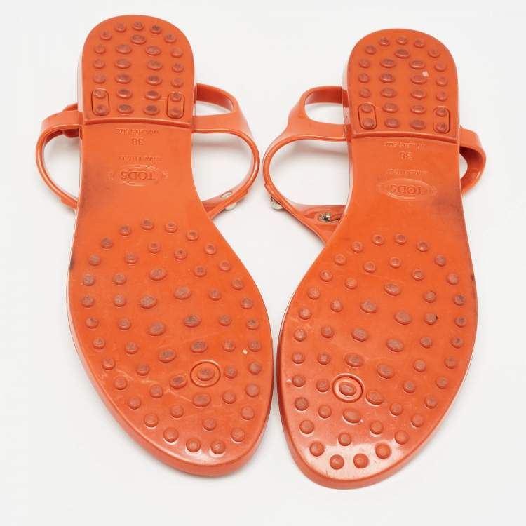 Pre Owned Tod's Orange Rubber Thong Flat Sandals Size 38
