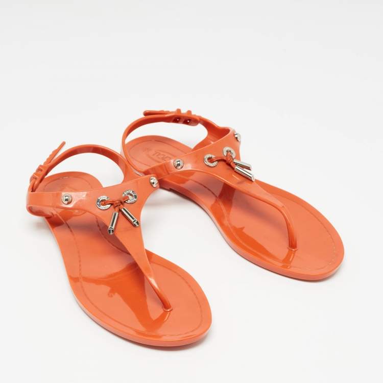 Pre Owned Tod's Orange Rubber Thong Flat Sandals Size 38