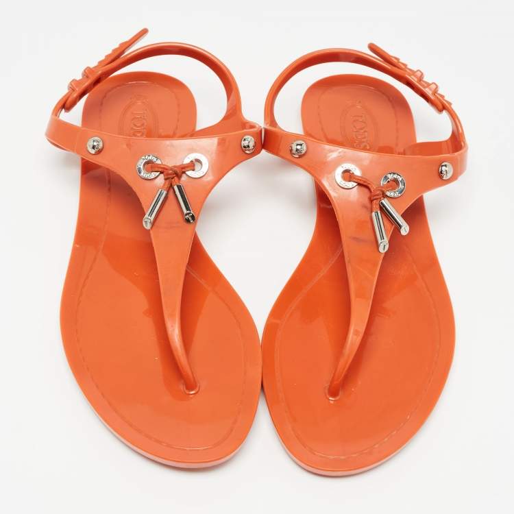 Pre Owned Tod's Orange Rubber Thong Flat Sandals Size 38