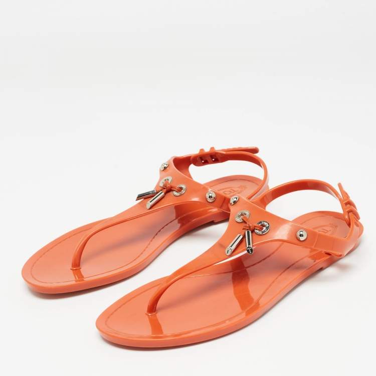 Pre Owned Tod's Orange Rubber Thong Flat Sandals Size 38