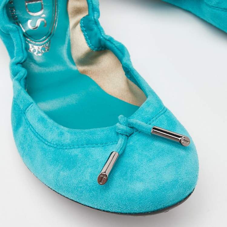 Pre Owned Tod's Turquoise Suede Scrunch Ballet Flats Size 37.5