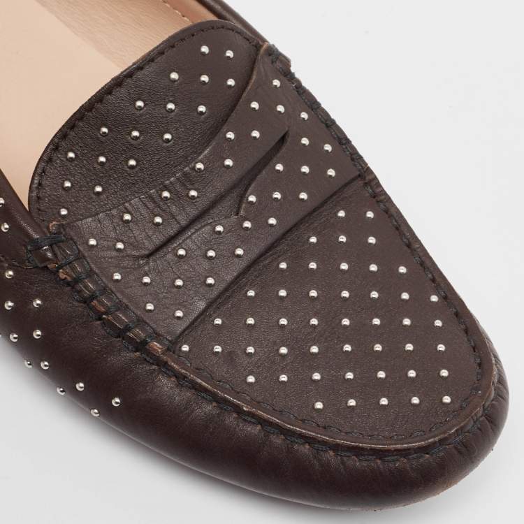 Pre Owned Tod's Brown Leather Embellished Slip On Loafers Size 38.5