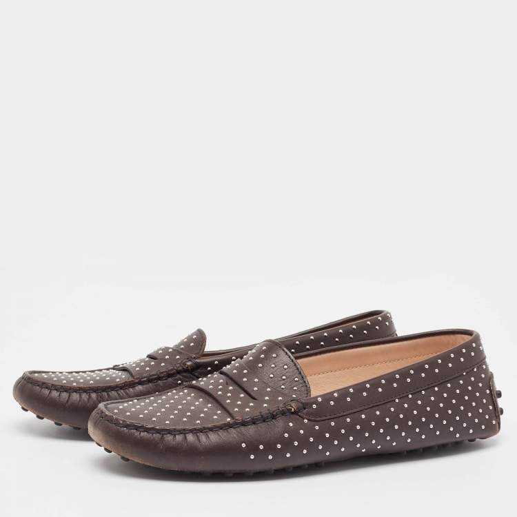 Pre Owned Tod's Brown Leather Embellished Slip On Loafers Size 38.5